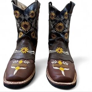 Girls Brown leather embroidered yellow sunflower cowboy cowgirl boots 9.5
